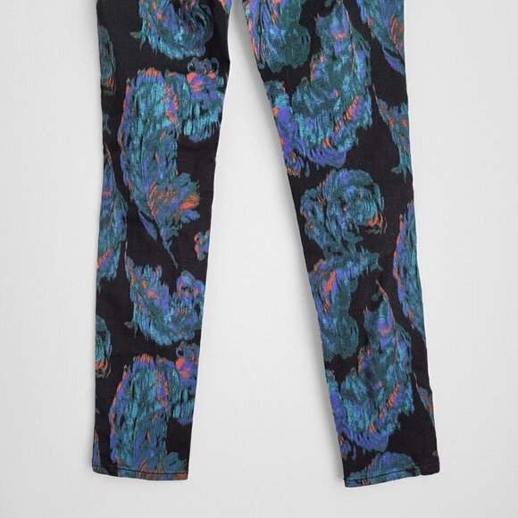 HP! NWT Marchesa Voyage Peacock Feather Print Boho Ankle Cropped Skinny Jeans - Picture 10 of 13